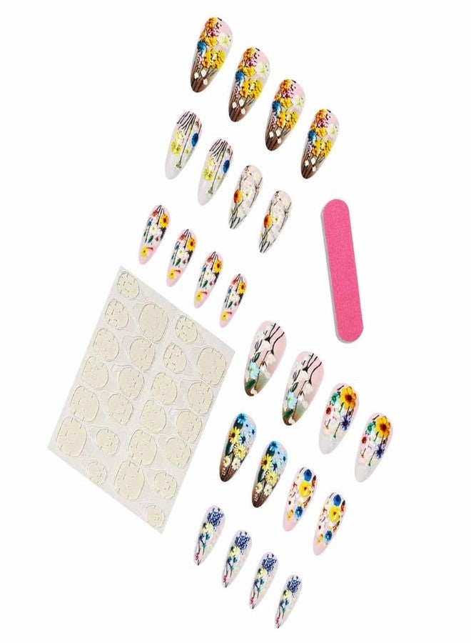 Foccna French Tip Press on Nails Almond Fake Nails False with Flower Designs Acrylic Artificial Nails Full Cover Nails Stick on Nails for Women Girls - Image 3